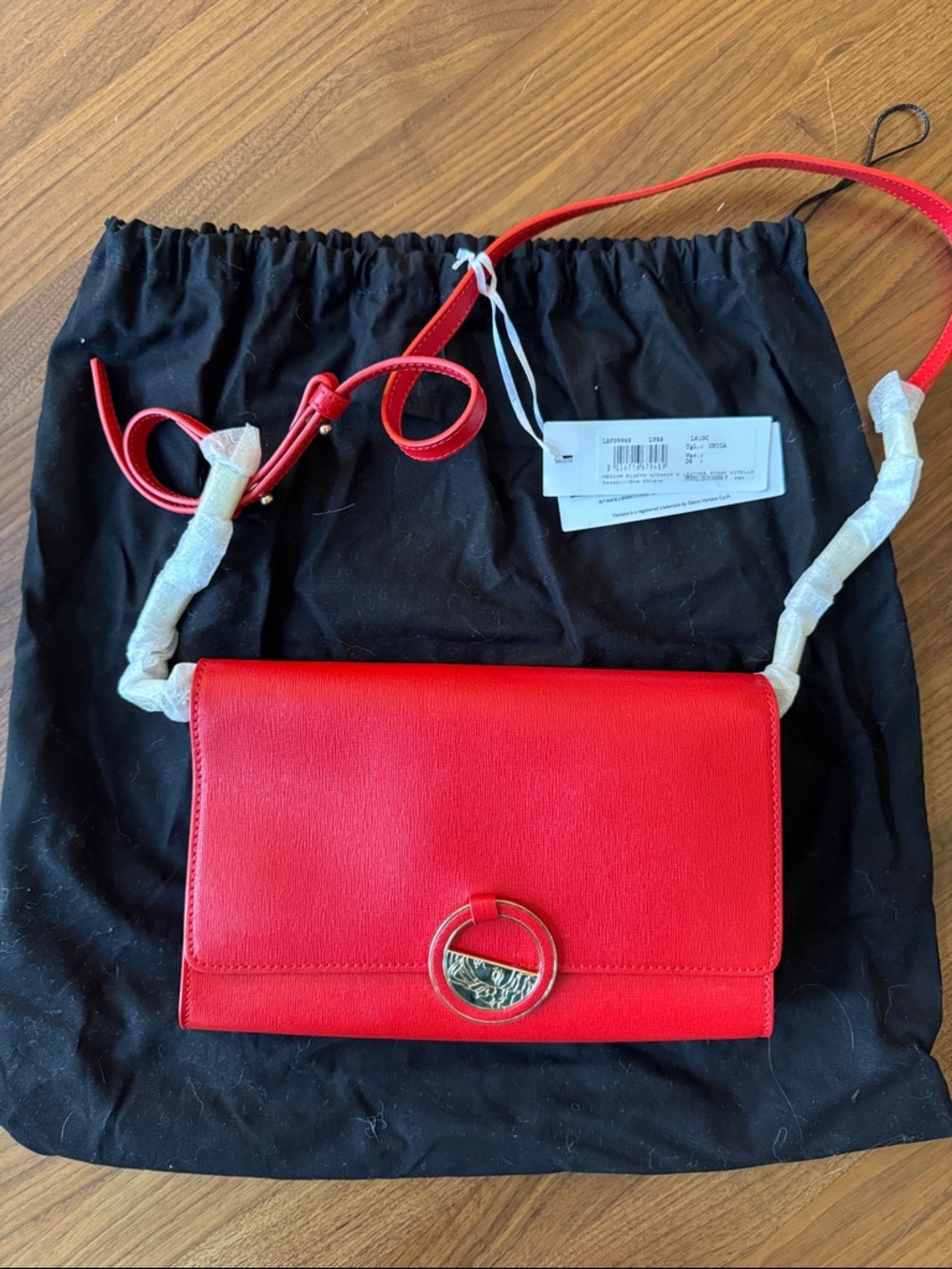 Versace Collection Red Leather Crossbody with Signature Ring Detail